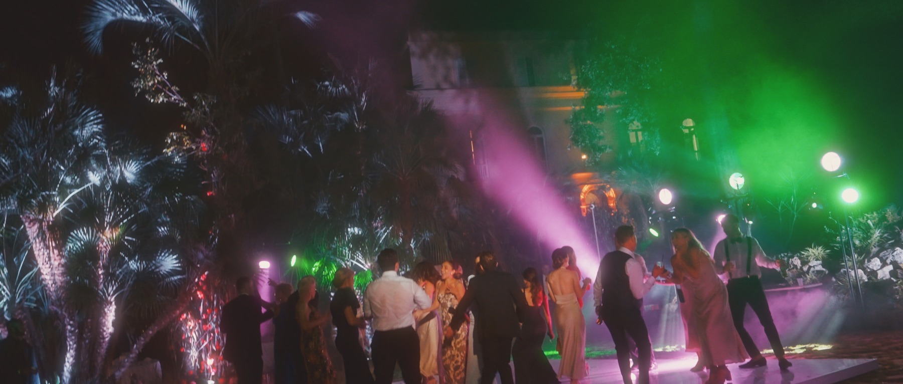 Coloured lights in the garden after dark